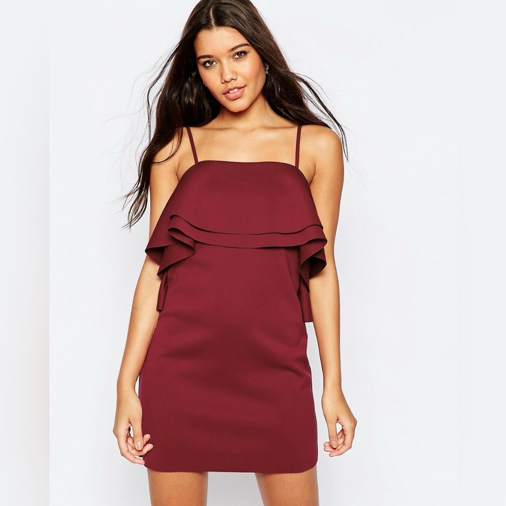 ASOS Layered Ruffle Mini Scuba Cami Dress in Burgundy Sz US 4